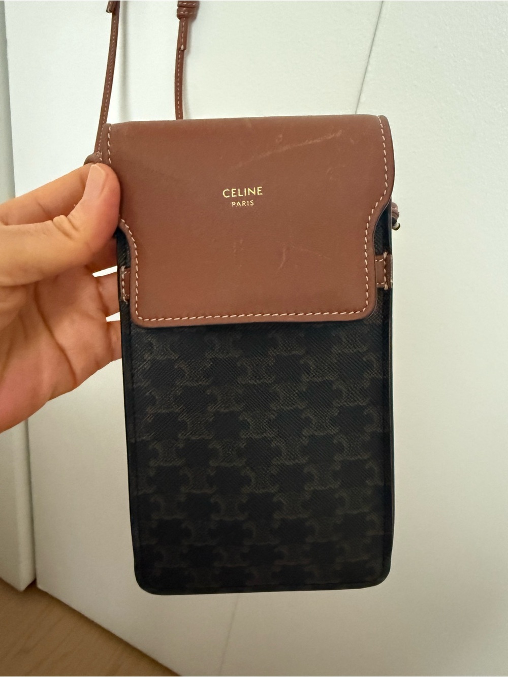 Celine Two-Tone Brown Leather & Black Patterned Phone Crossbody
